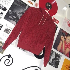 red ladybug cropped zip up hoodie, has some pilling